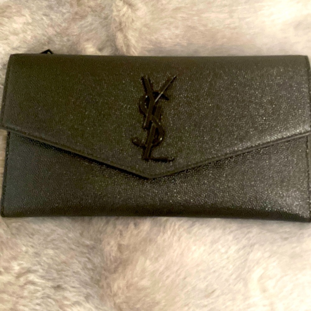 Authentic Saint Laurent clutch uptown large flap wallet-used-black YSL hardware